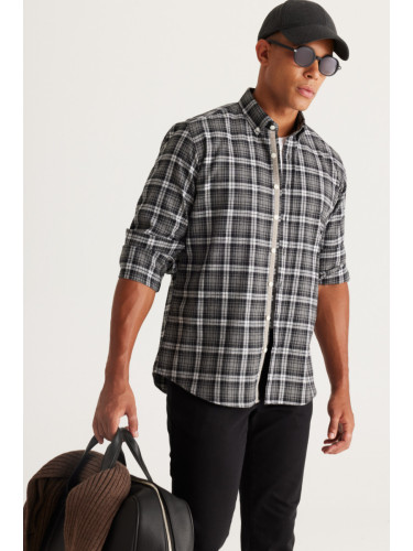 ALTINYILDIZ CLASSICS Men's Anthracite-Grey Comfort Fit Relaxed Cut Buttoned Collar Cotton Checkered Shirt