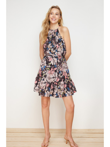 Trendyol Brown Floral Halter Neck A-line Tie Detailed Mini Woven Dress