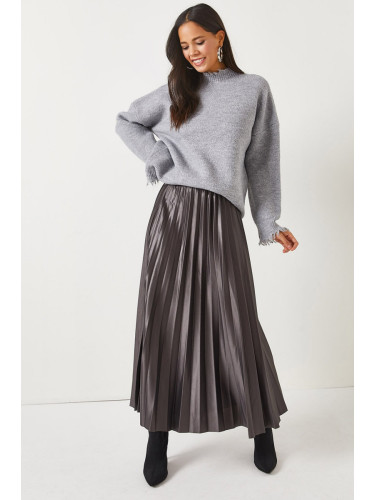 Olalook Anthracite Leather Look Pleat A-Line Skirt
