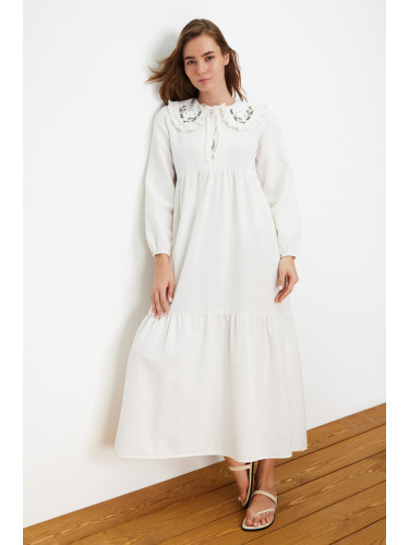 Trendyol Ecru Embroidery Detailed Linen Look Woven Dress