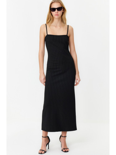 Trendyol Black Striped Strappy Bodycone/Body-hugging Knitted Maxi Pencil Dress