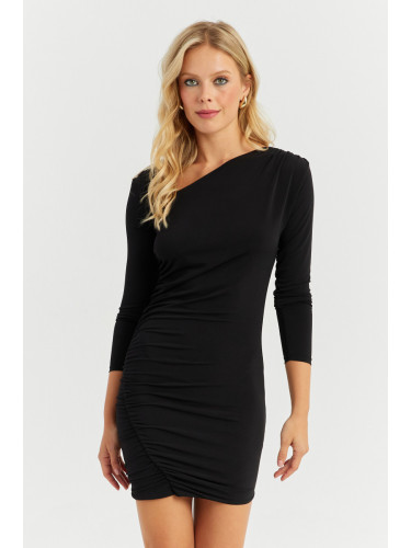 Cool & Sexy Women's Black Asymmetric Collar Gathered Midi Dress