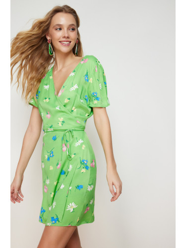 Trendyol Green Floral A-line Deep V-neck Satin Mini Woven Dress