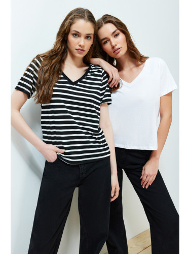 Trendyol Black-White 2-Pack 100% Cotton V-Neck Knitted T-Shirt
