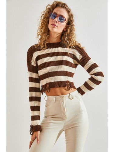 Bianco Lucci Women's Ripped Patterned Crop Striped Sweater
