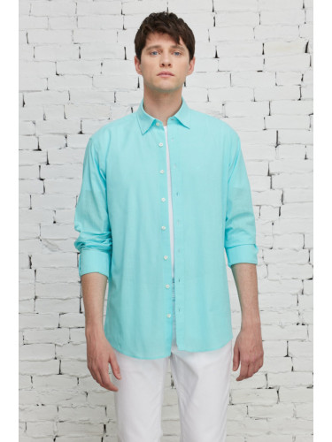 AC&Co / Altınyıldız Classics Men's Turquoise Comfort Fit Relaxed Cut Concealed Button Collar 100% Cotton Flamed Shirt
