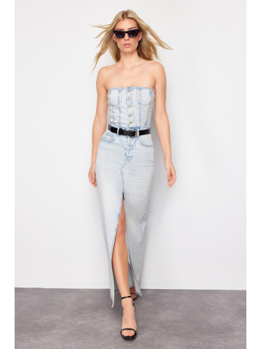 Trendyol Light Blue Slit Strapless Maxi Denim Dress