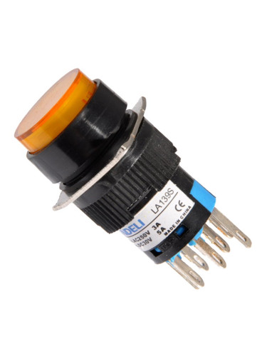 Бутонен превключвател, бутон, ON-(ON), отвор ф16, 5A/30VDC, 3A/250VAC, DPDT, LED, жълт