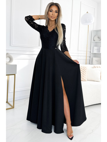 309-11 AMBER lace, elegant long dress with a neckline and leg slit - black
