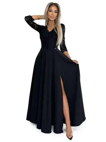 AMBER Elegant Lace Long Dress with Neckline and Slit on Legs - Black