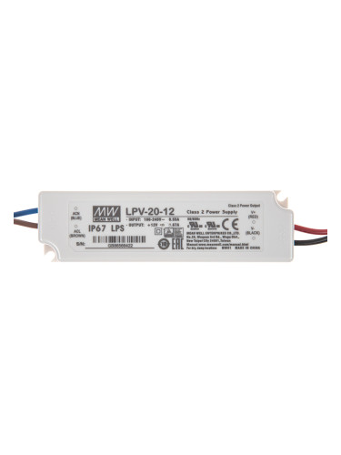 LED захранване, 1.67A/12VDC, 20W, IP67, LPV-20-12, MEAN WELL, постоянно напрежение