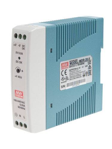 Захранване, за DIN шина, 230VAC, 3A, 5VDC, 15W, MDR-20-5