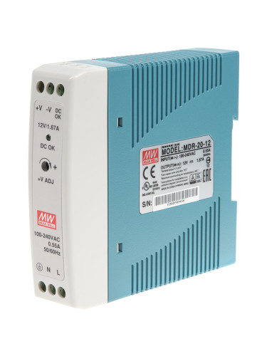 Захранване, за DIN шина, 230VAC, 1.67A, 12VDC, 20W, MDR-20-12