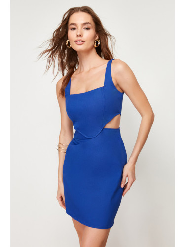 Trendyol Blue A-Cut Mini Cotton Window/Cut Out Detailed Square Collar Woven Dress