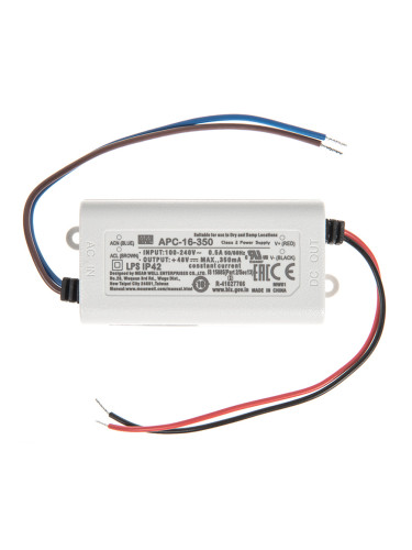 LED токов драйвер 0.35A/12~48VDC,  16.8W,  IP42,  APC-16-350,  постоянен ток