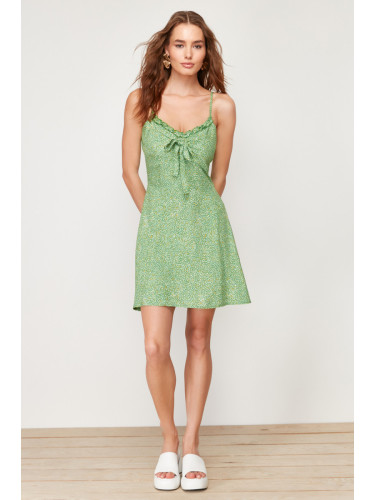 Trendyol Dark Green A-Line Mini Tie Detail Floral Patterned Woven Dress