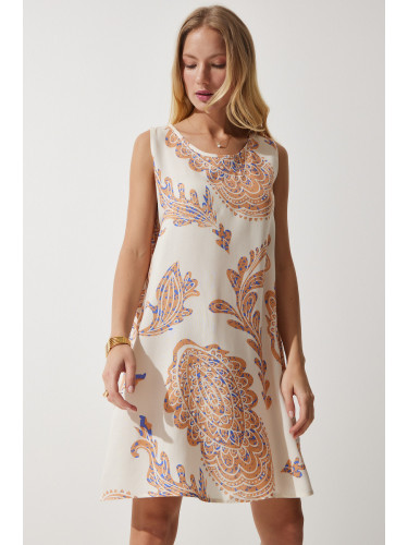 Happiness İstanbul Women's Cream Peach Patterned Linen Viscose Mini Dress