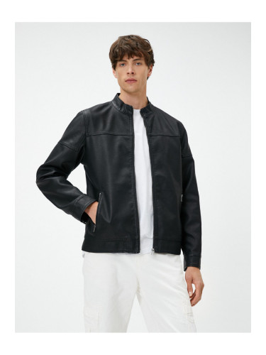 Koton Leather Look Jacket Round Neck Zipper Pocket