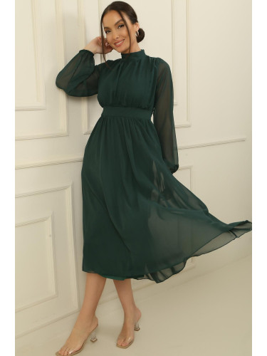 By Saygı High Neck Pleated Sleeves Elastic Lined Chiffon Dress