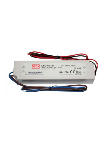 Импулсно захранване 2.5A/24VDC, 60W, IP67, LPV-60-24, MEAN WELL, постоянно напрежение