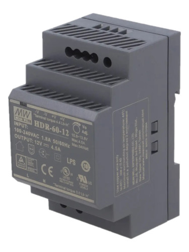 Импулсно захранване за DIN шина HDR-60-12, 10.8~13.8/12VDC, 4.5A, 54W, IP20, MEAN WELL