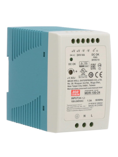 Импулсно захранване за DIN шина MDR-100-24, 24/24~30VDC, 4A, 96W, MEAN WELL