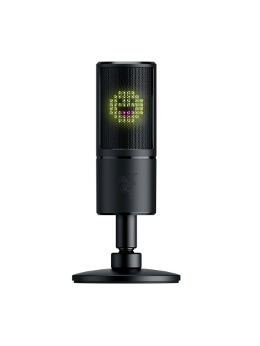 Микрофон Razer Seiren Emote (RZ19-03060100-R3M1), USB, със стойка, 8-битов LED дисплей който възпроизвежда анимирани и статични емотикони, черен
