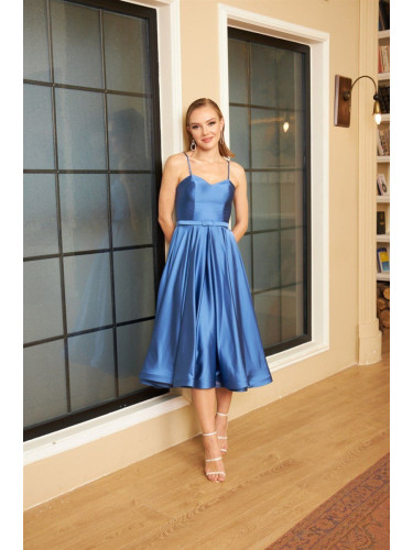 Carmen Indigo Satin Strapless Midi Promise Dress and Engagement Dress