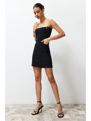 Trendyol Limited Edition Black Button Detailed Strapless Mini Denim Dress