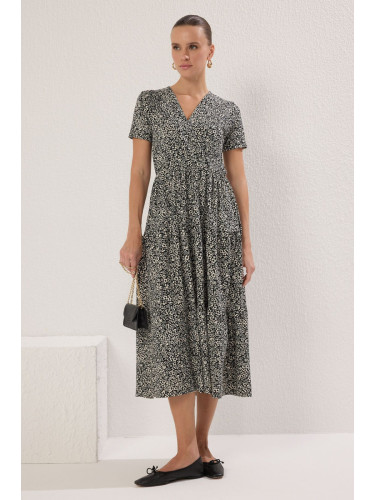 Trendyol Black Floral Floral Double Breasted Skater/Ribbed Flexible Knitted Dress