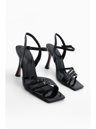 Marjin Women's Flat Toe Heeled Shoes Double Strap Heel Sandals Elkay Black Patent Leather