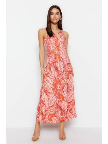 Trendyol Pink One-Shoulder Midi Halter/Skater Knitted Printed Dress