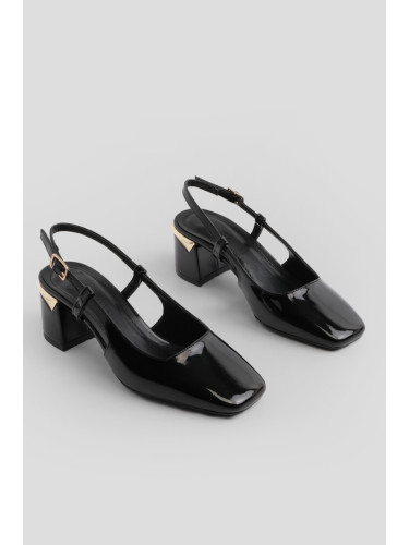 Marjin Women's Chunky Heel Open Back Scarf Classic Heel Shoes Licai Black Patent Leather