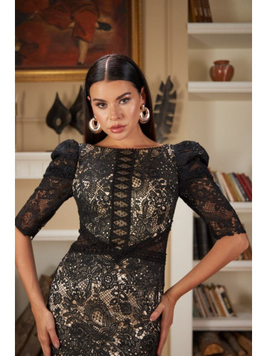 Carmen Black Lace Engagement Dress with Ruffled sleeves