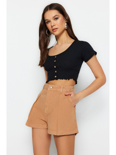 Trendyol Camel Pleated High Waist Denim Shorts