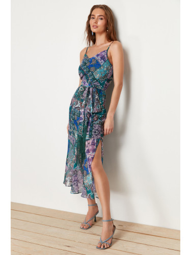 Trendyol Lilac Ethnic Patterned Belted A-Line Tassel Detailed Maxi Lined Chiffon Woven Dress