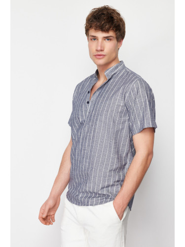 Trendyol Indigo Regular Fit Flam Cotton Striped Short Sleeve Shirt