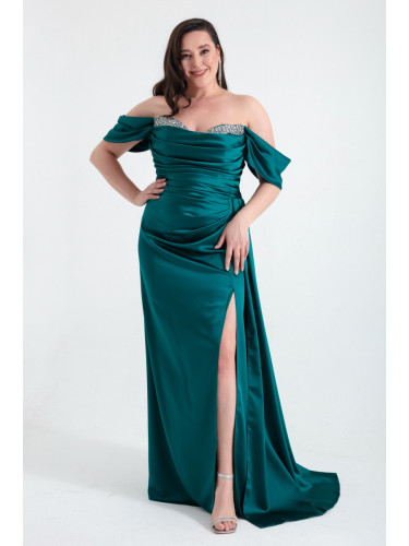 Lafaba Women's Emerald Green Boat Neck Slit Long Plus Size Satin Evening Dress