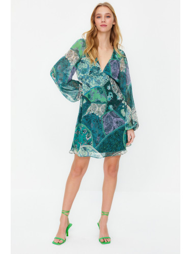 Trendyol Green Ethnic Patterned A-Line Collar Tied Mini Lined Chiffon Woven Dress