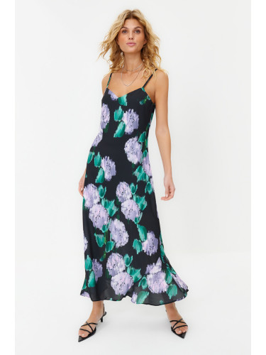 Trendyol Black Floral Print Straight Cut Strap Midi Satin Woven Dress