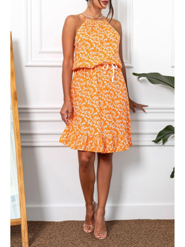 armonika Women's Orange Halterneck, Belted Waist, Ruffled Skirt With Frill Dress