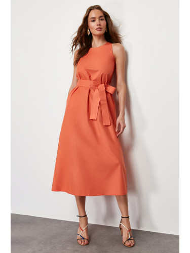 Trendyol Orange Belted 100% Cotton Poplin Pocket Midi Woven Dress