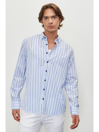ALTINYILDIZ CLASSICS Men's White-blue Slim Fit Slim Fit Buttoned Collar Seekerchief Shirt