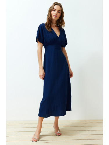 Trendyol Navy Blue A-Line Bodice Detailed V-Neck Maxi Woven Dress