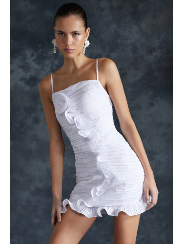Trendyol Bridal White Rose Detailed Pleated Woven Short Wedding/Wedding Elegant Evening Dress
