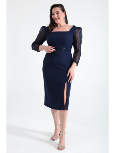 Lafaba Women's Navy Blue Square Neck Belted Midi Plus Size Evening Dress