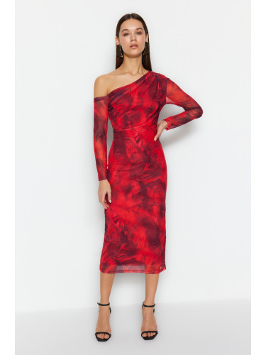 Trendyol Red Patterned Lined Fitted Asymmetrical Collar Flexible Knitted Midi Pencil Dress