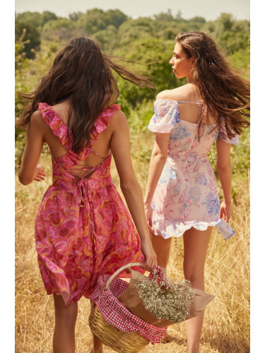 Trendyol Powder Belted Mini Woven Lined Frilly Woven Dress