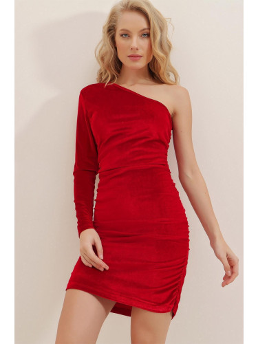 Trend Alaçatı Stili Lycra One-Shoulder Decollete Draped Velvet Dress