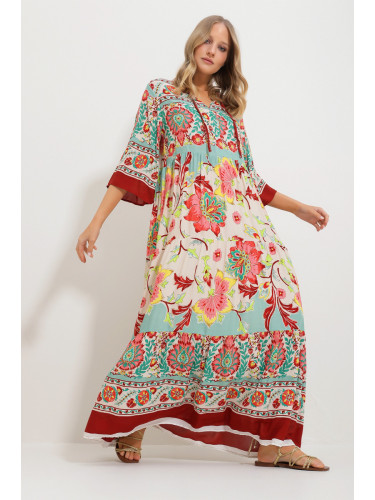Trend Alaçatı Stili Women's Mint Front Laced Patterned Woven Viscose Dress